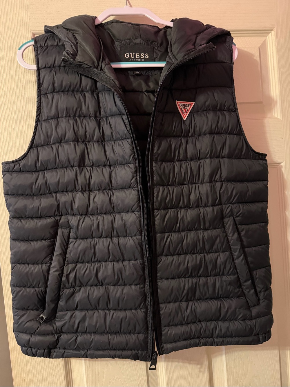 Guess Women's Black Quilted Puffer Vest with Hood Size L